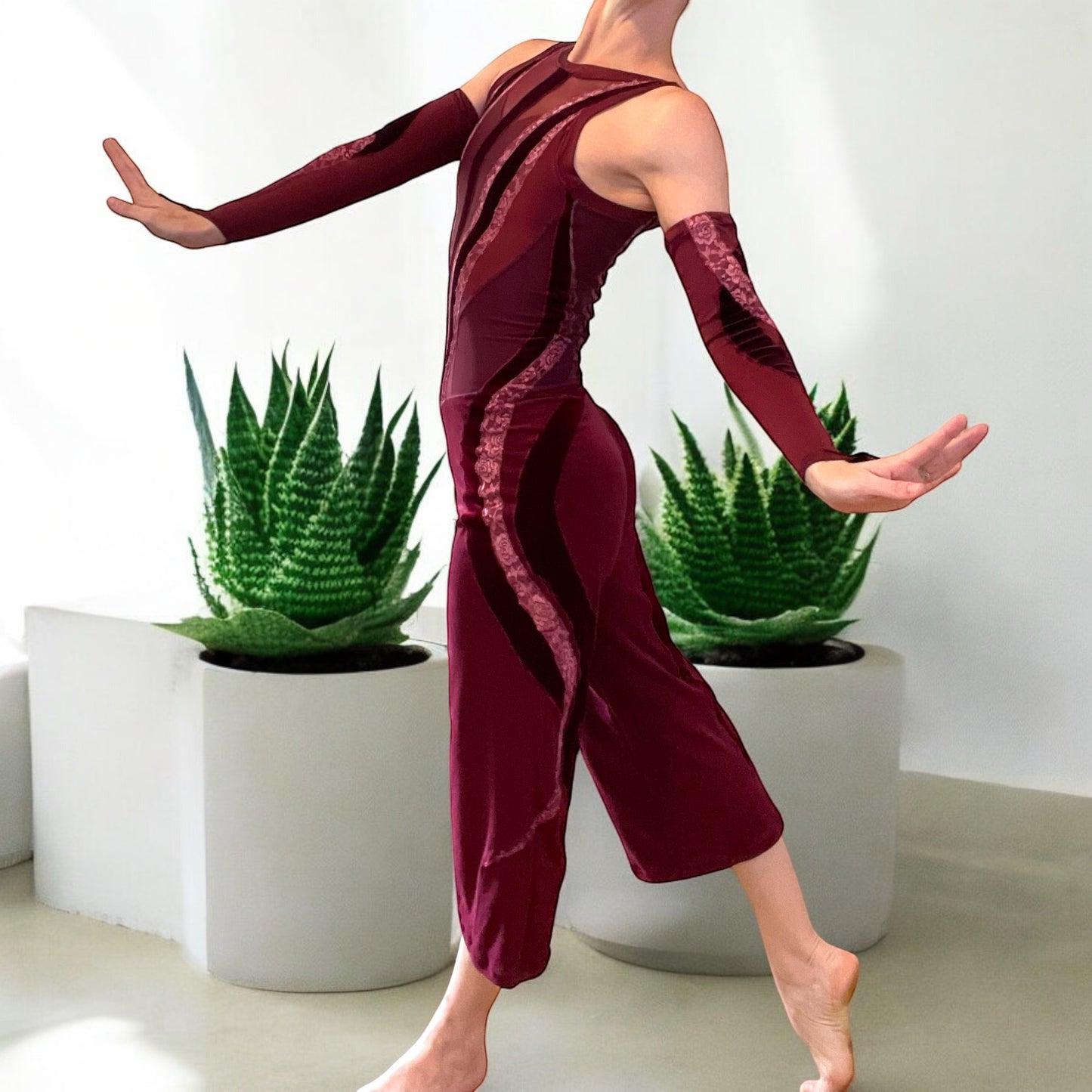 Burgundy Bodysuit with Gauntlets