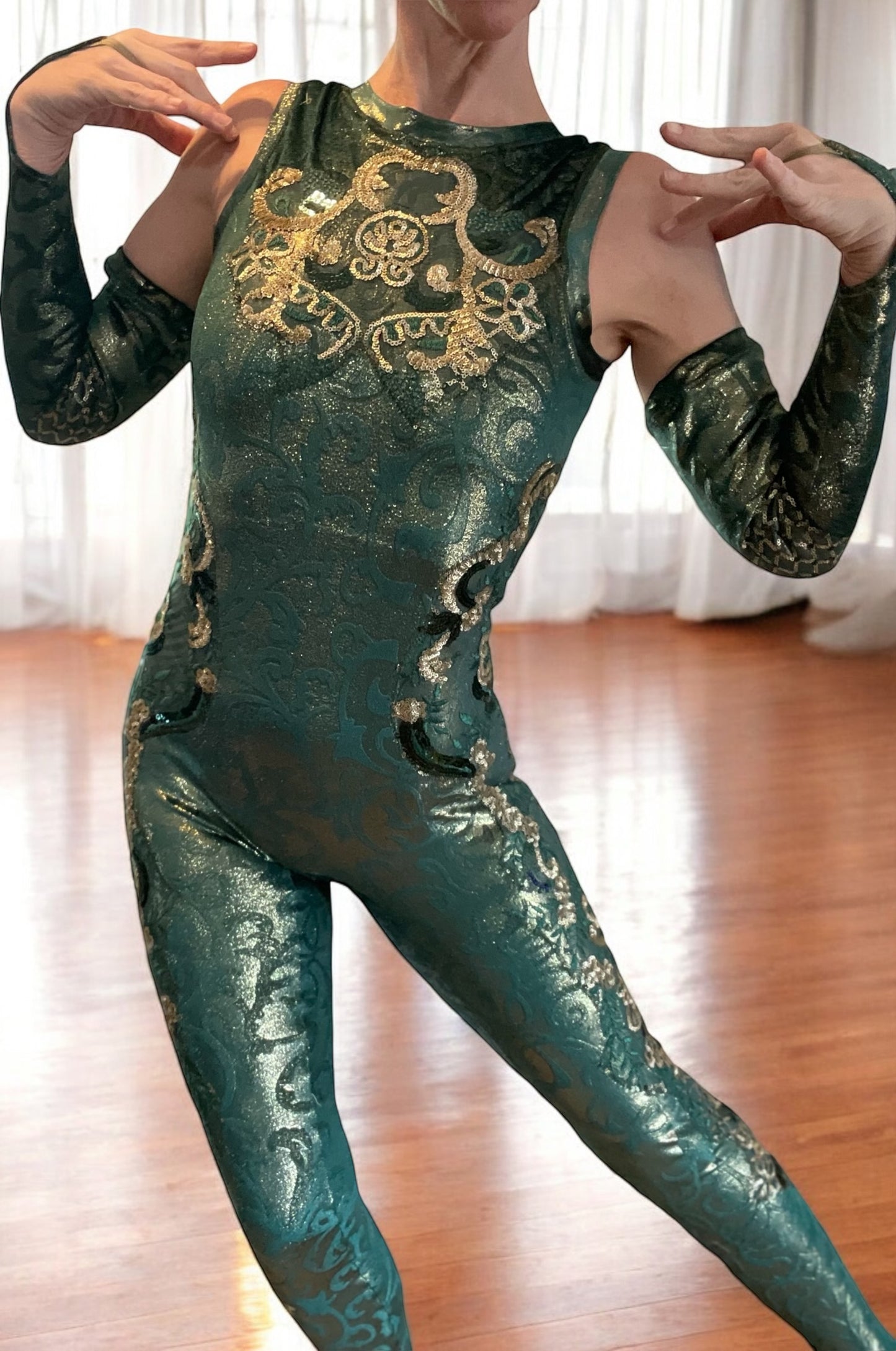 Golden Green Bodysuit with Gauntlets