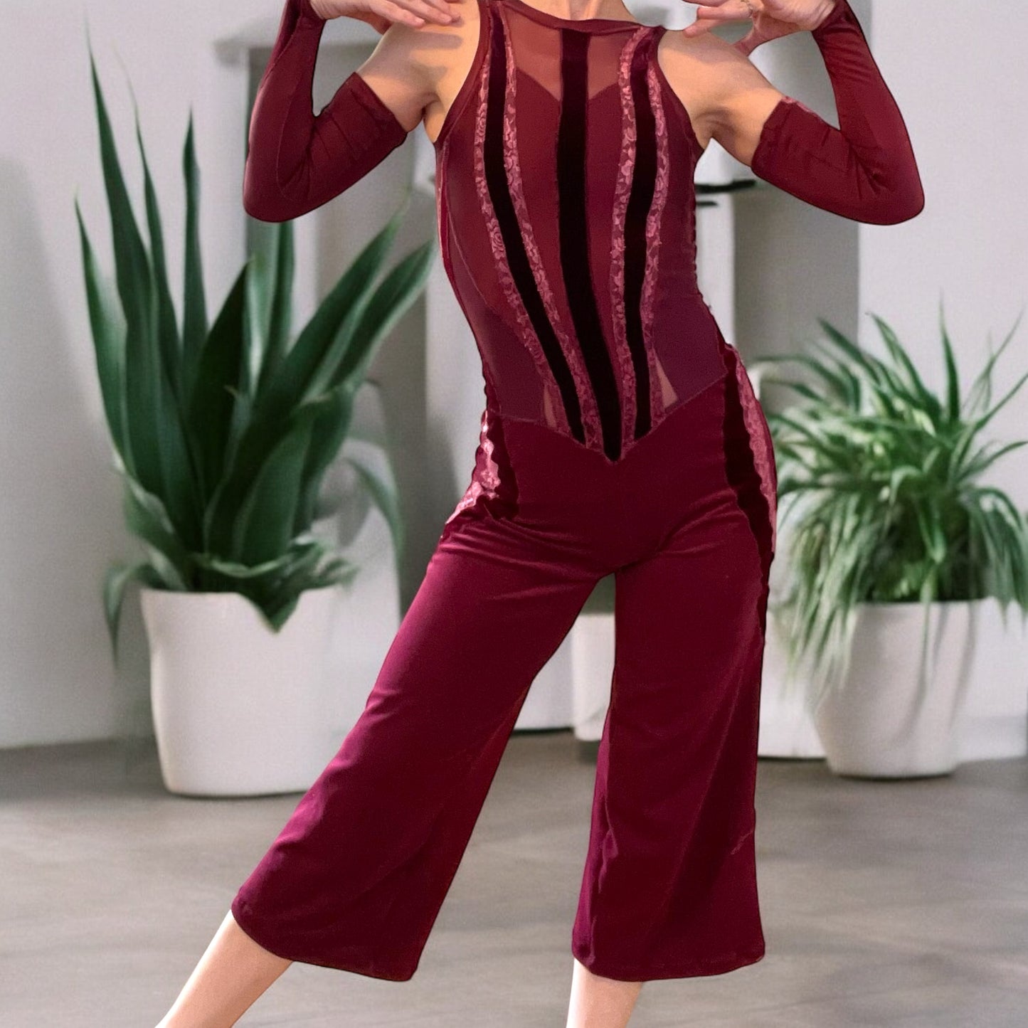 Burgundy Bodysuit with Gauntlets