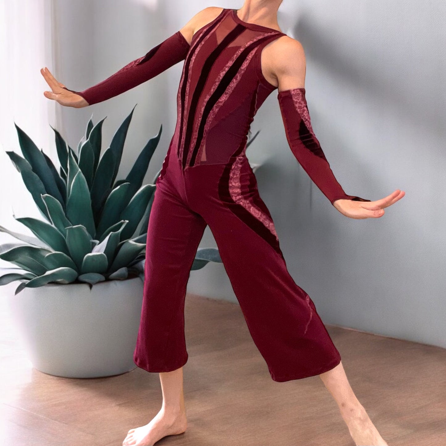 Burgundy Bodysuit with Gauntlets