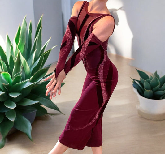 Burgundy Bodysuit with Gauntlets
