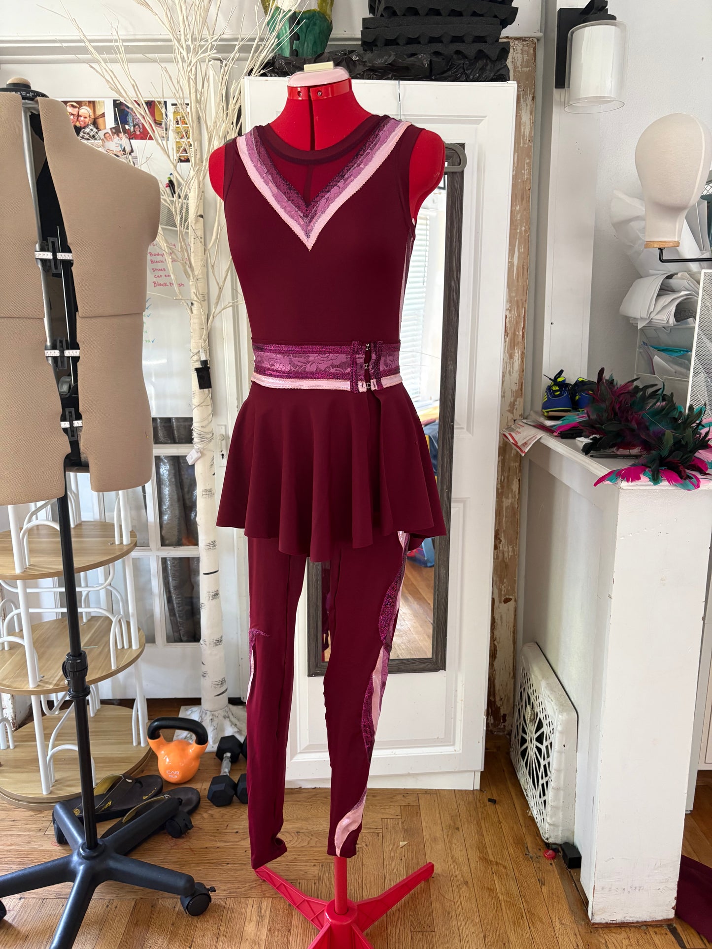 Burgundy Bodysuit with Skirt & Sleeves